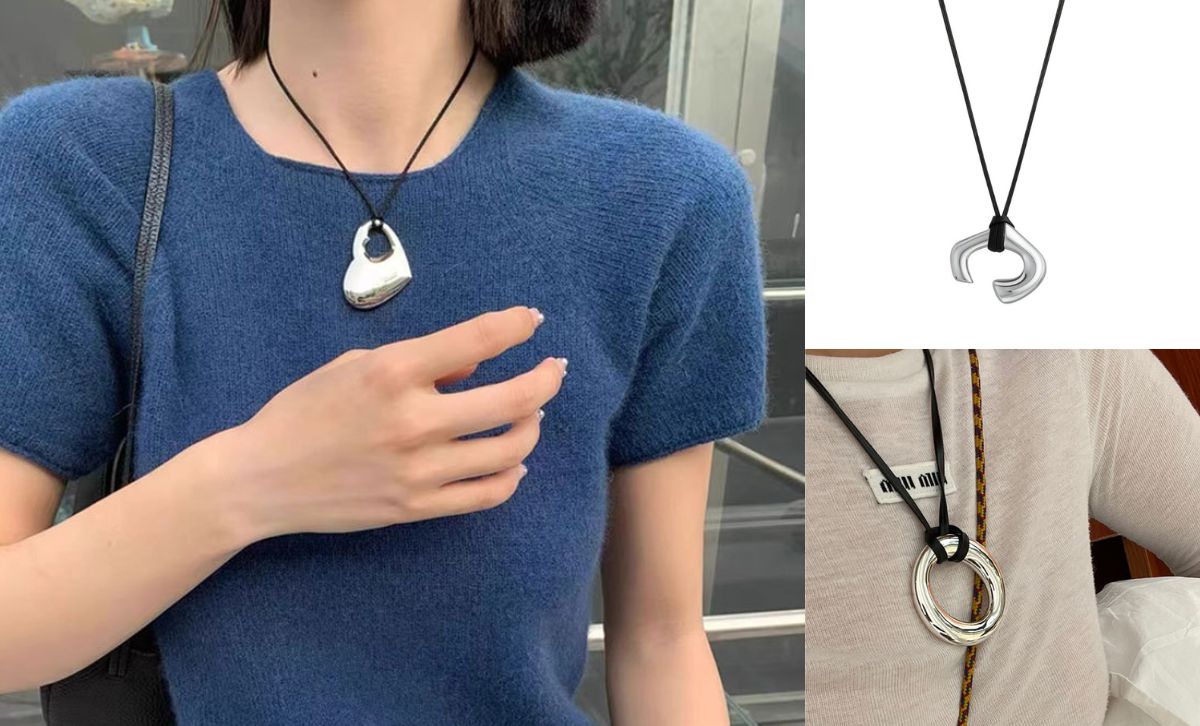 Model wearing Korean style black cord necklace with comb pendant minimalist brass jewelry wholesale gift