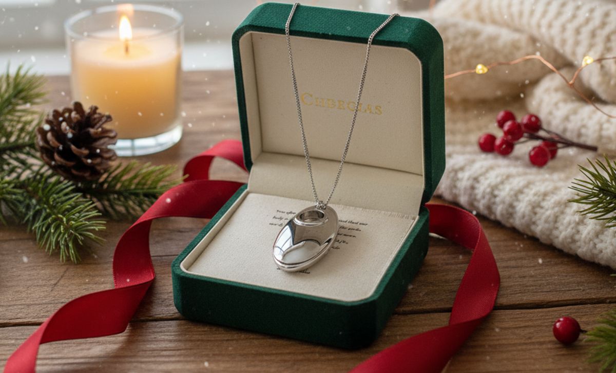 Minimalist pendant necklace for women displayed in Christmas gift box, modern designer style brass jewelry wholesale holiday gift idea.