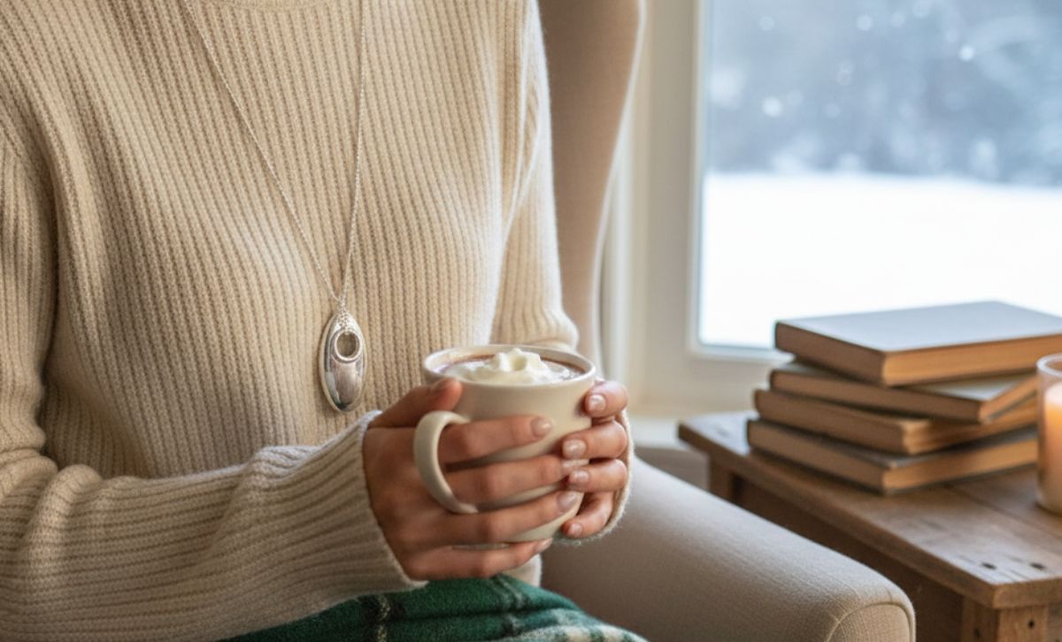 Woman wearing minimalist pendant necklace while holding a cup, elegant modern designer style jewelry ideal for Christmas or Valentine’s Day gifts.