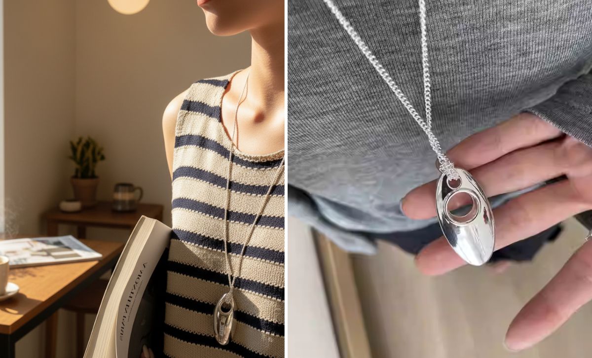 Close-up of minimalist pendant necklace for women in silver tone, brass jewelry wholesale piece for boutique and fashion gift collections.