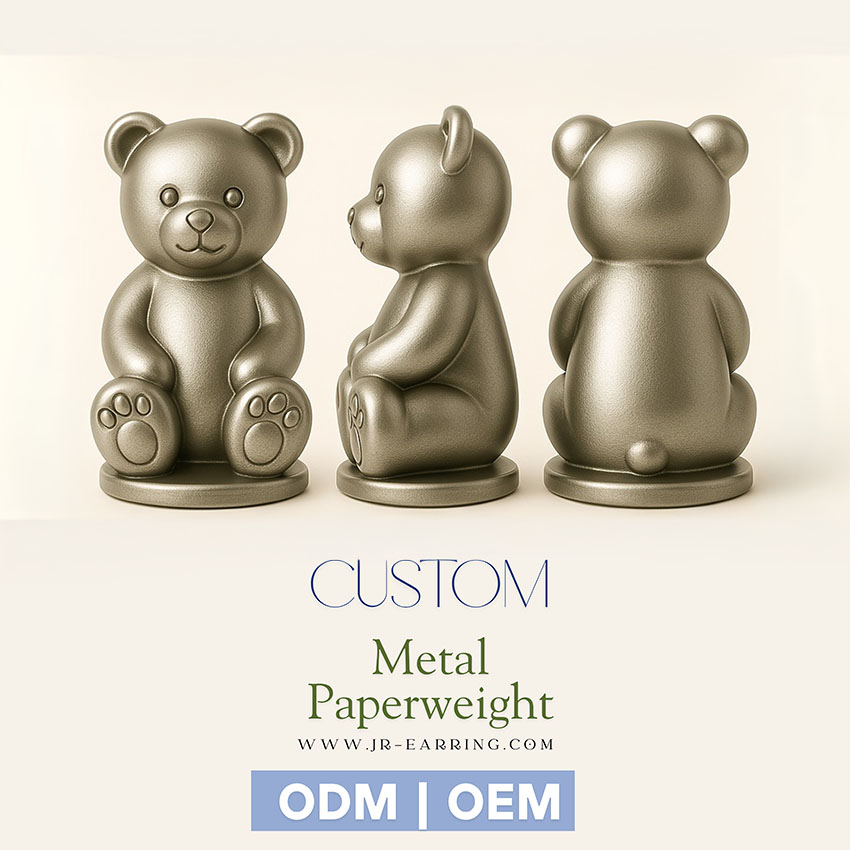 Custom paperweight featuring a metal bear design in 3-view layout, showcasing front, side, and top angles for detailed presentation.