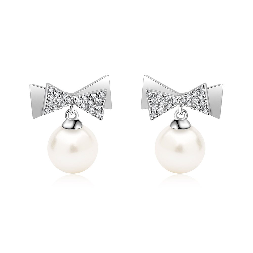 Bow 7mm Pearl Drop Earrings Gold Jewelry Wholesale | JR Fashion Accessories
