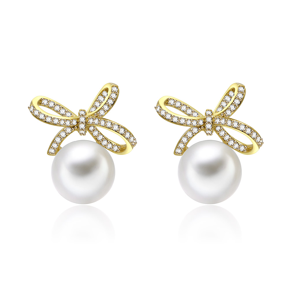 Pearly Gold Bow Drops Stud Earrings Supplier | JR Fashion Accessories