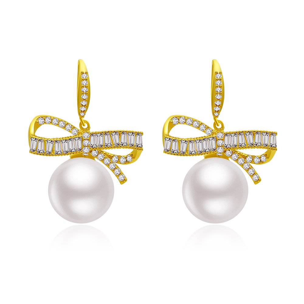 CZ Ribbon 12MM Pearl Earrings Supplier | JR Fashion Accessories
