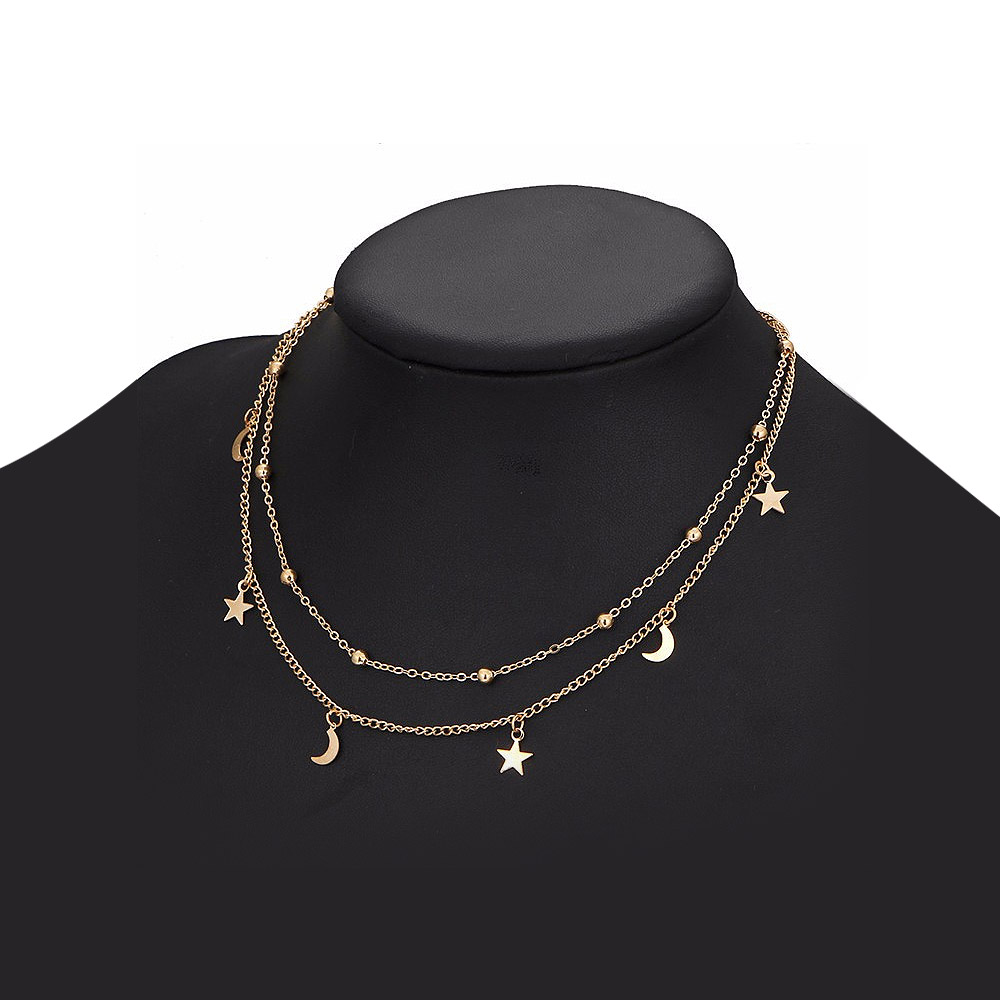 Minimal Dainty and Cute Beaded Necklace with Moon and Stars
