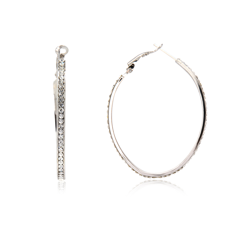 Rhodium Hoop Crystal Oval Earrings