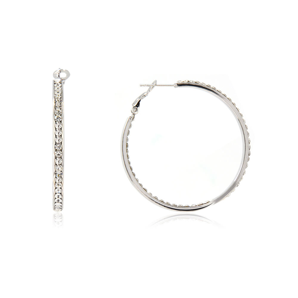 Rhodium Hoop Double Row Crystal Earrings